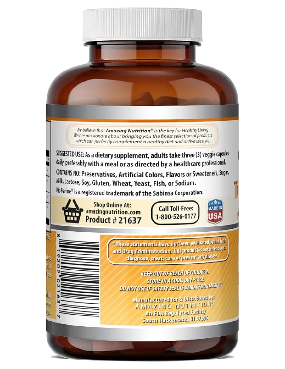 Cúrcuma y Jengibre con Bioperine 2,250 mg Suplemento Antiinflamatorio Natural Amazing Nutrition de 180 cápsulas 4