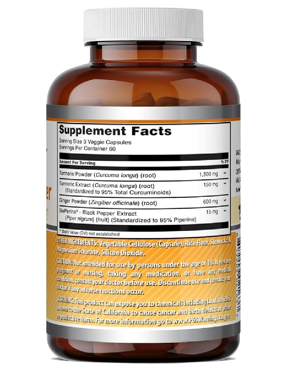 Cúrcuma y Jengibre con Bioperine 2,250 mg Suplemento Antiinflamatorio Natural Amazing Nutrition de 180 cápsulas Cúrcuma y Jengibre con Bioperine 2,250 mg Suplemento Antiinflamatorio Natural Amazing Nutrition de 180 cápsulas