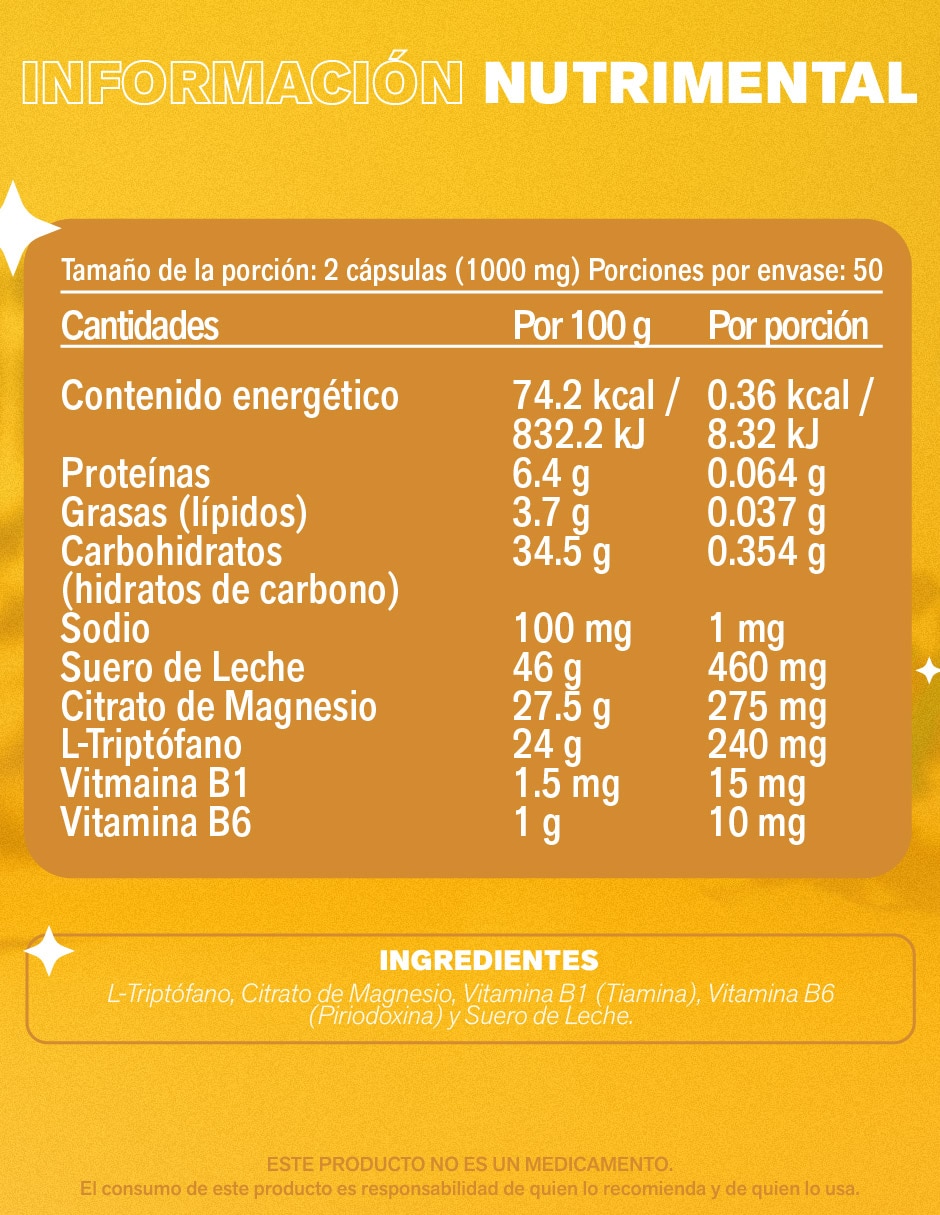 Triptófano Lemon Cochella con L-triptófano, Citrato de Magnesio de 100 cápsulas