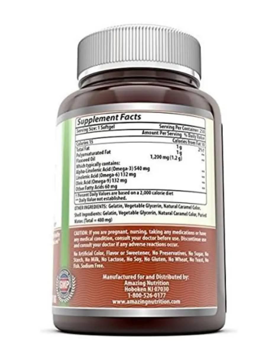 Amazing formulas aceite de linaza omega 1200 mg suplemento salud cardiovascular y articular 250 softgels amazing nutrition "con" omega 3 ,6 y 9, aceite de salmón, aceite de linaza y aceite de oliva extra virgen "sabor" sin sabor "de" 250 cáp