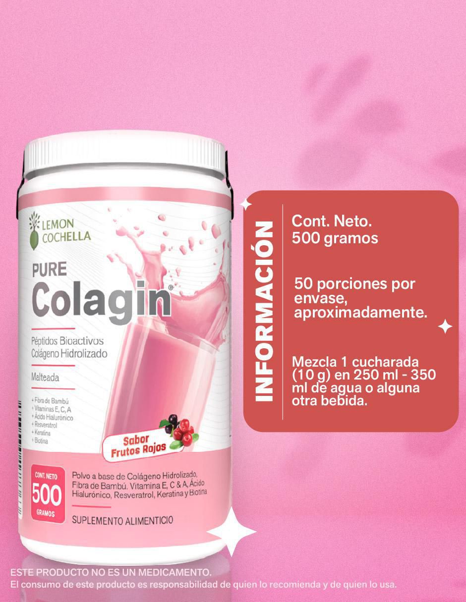 Pure colagin péptidos bioactivos Lemon Cochella con colágeno hidrolizado, fibra de bambú, vitamina E, C y A, ácido hialurónico, resveratrol, keratina y biotina sabor frutos rojos de 500 g