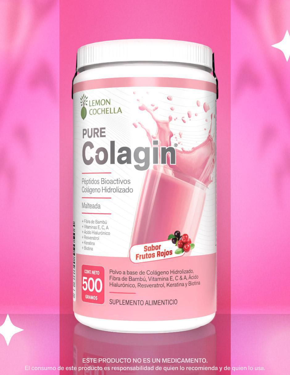 Pure colagin péptidos bioactivos Lemon Cochella con colágeno hidrolizado, fibra de bambú, vitamina E, C y A, ácido hialurónico, resveratrol, keratina y biotina sabor frutos rojos de 500 g