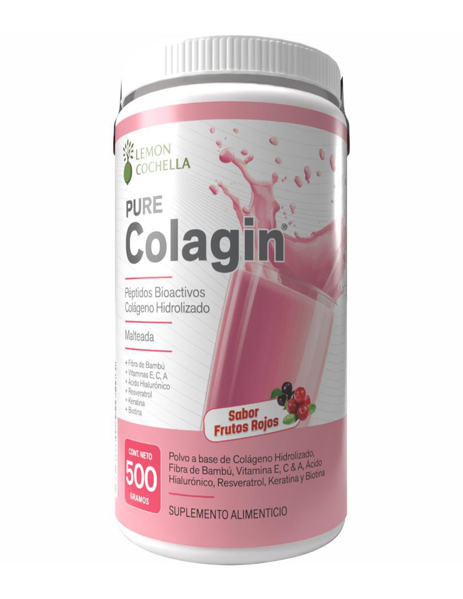 Pure colagin péptidos bioactivos Lemon Cochella con colágeno hidrolizado, fibra de bambú, vitamina E, C y A, ácido hialurónico, resveratrol, keratina y biotina sabor frutos rojos de 500 g