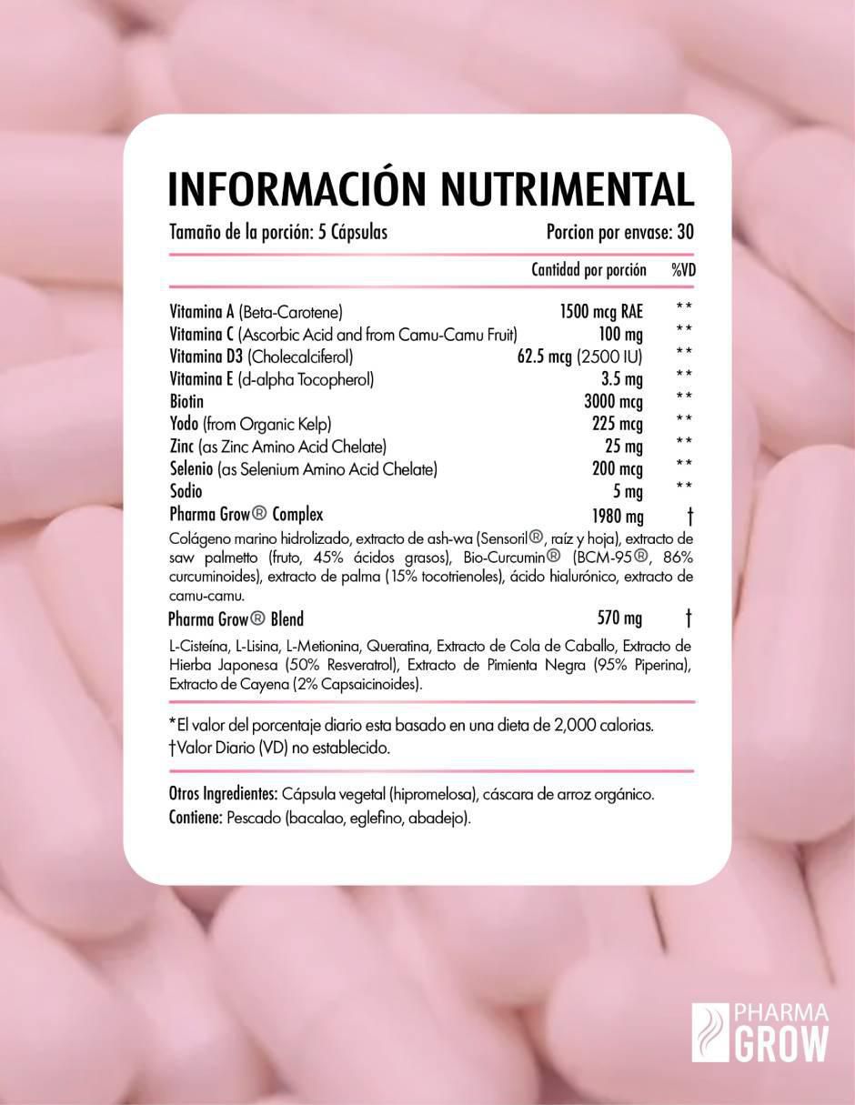 Pharma grow grow 360 hair vitamins suplemento para la caída y fortalecimiento del cabello para mujer Pharma Grow multivitaminico