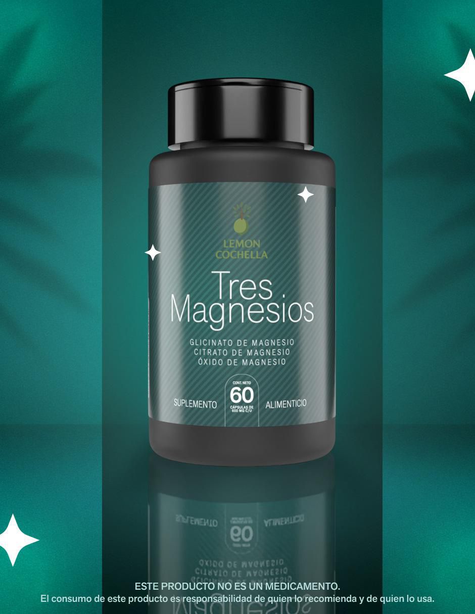 Tres magnesios Lemon Cochella con glicinato de magnesio, citrato de magnesio y oxido de magnesio de 60 cápsulas