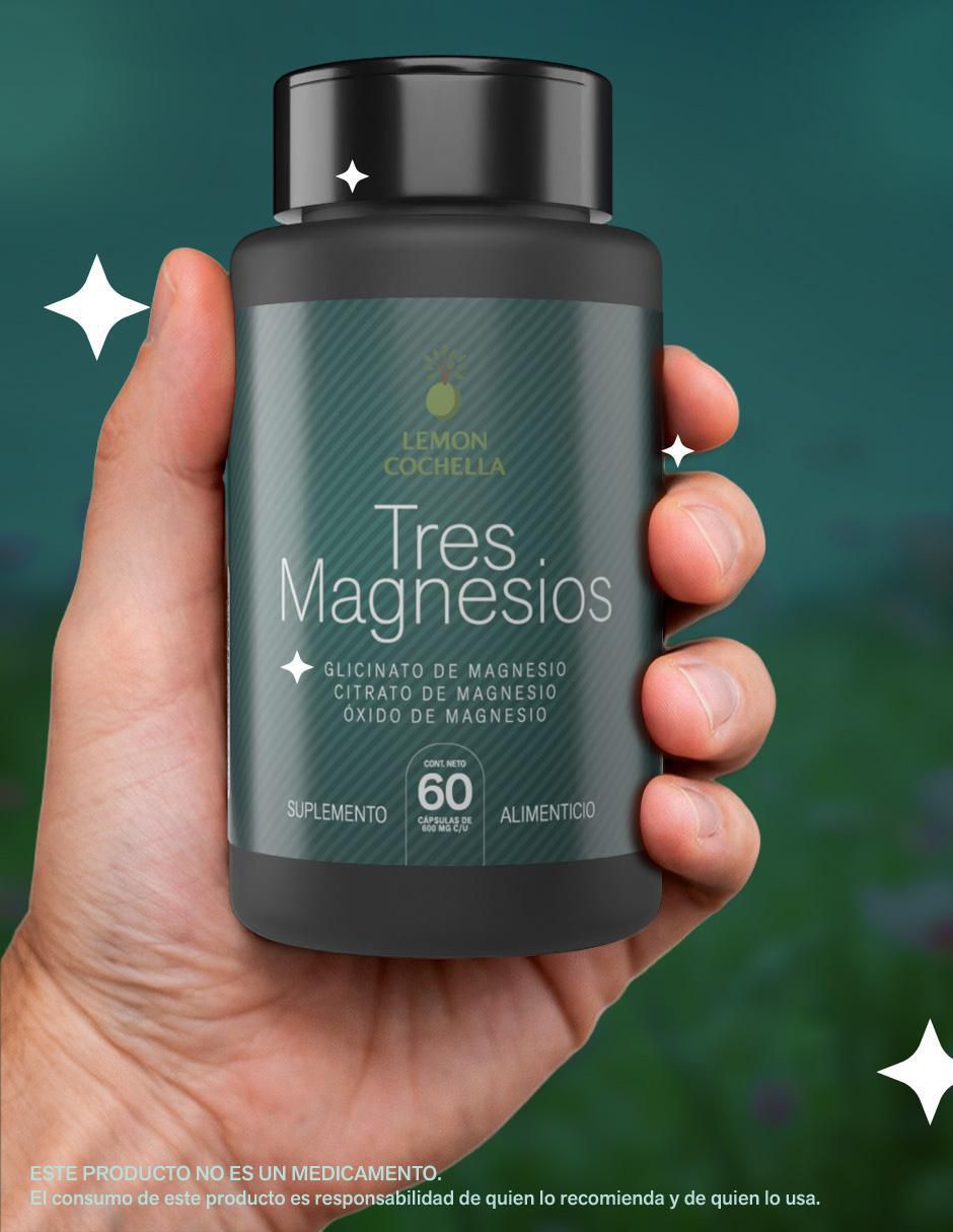 Tres magnesios Lemon Cochella con glicinato de magnesio, citrato de magnesio y oxido de magnesio de 60 cápsulas