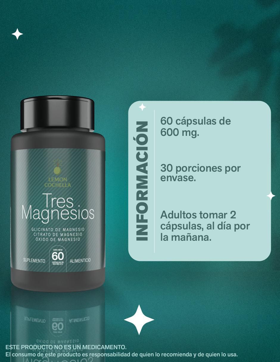 Tres magnesios Lemon Cochella con glicinato de magnesio, citrato de magnesio y oxido de magnesio de 60 cápsulas