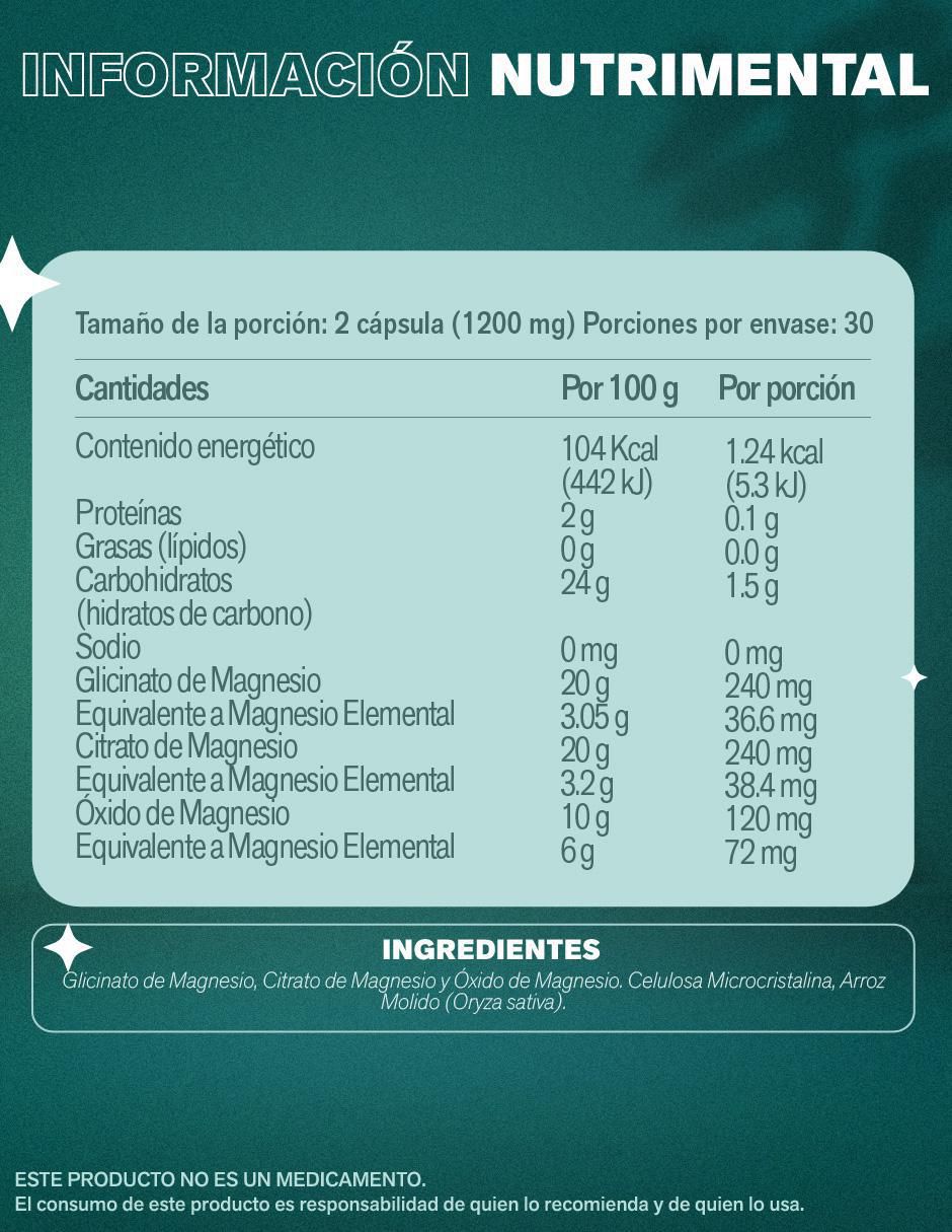 Tres magnesios con glicinato de magnesio, citrato de magnesio y oxido de magnesio de 60 cápsulas Tres magnesios con glicinato de magnesio, citrato de magnesio y oxido de magnesio de 60 cápsulas