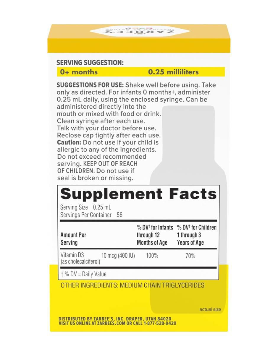 Zarbee’s Naturals Vitamina D para Bebés 14 ml Suplemento Infantil para desarrollo Óseo y Dental