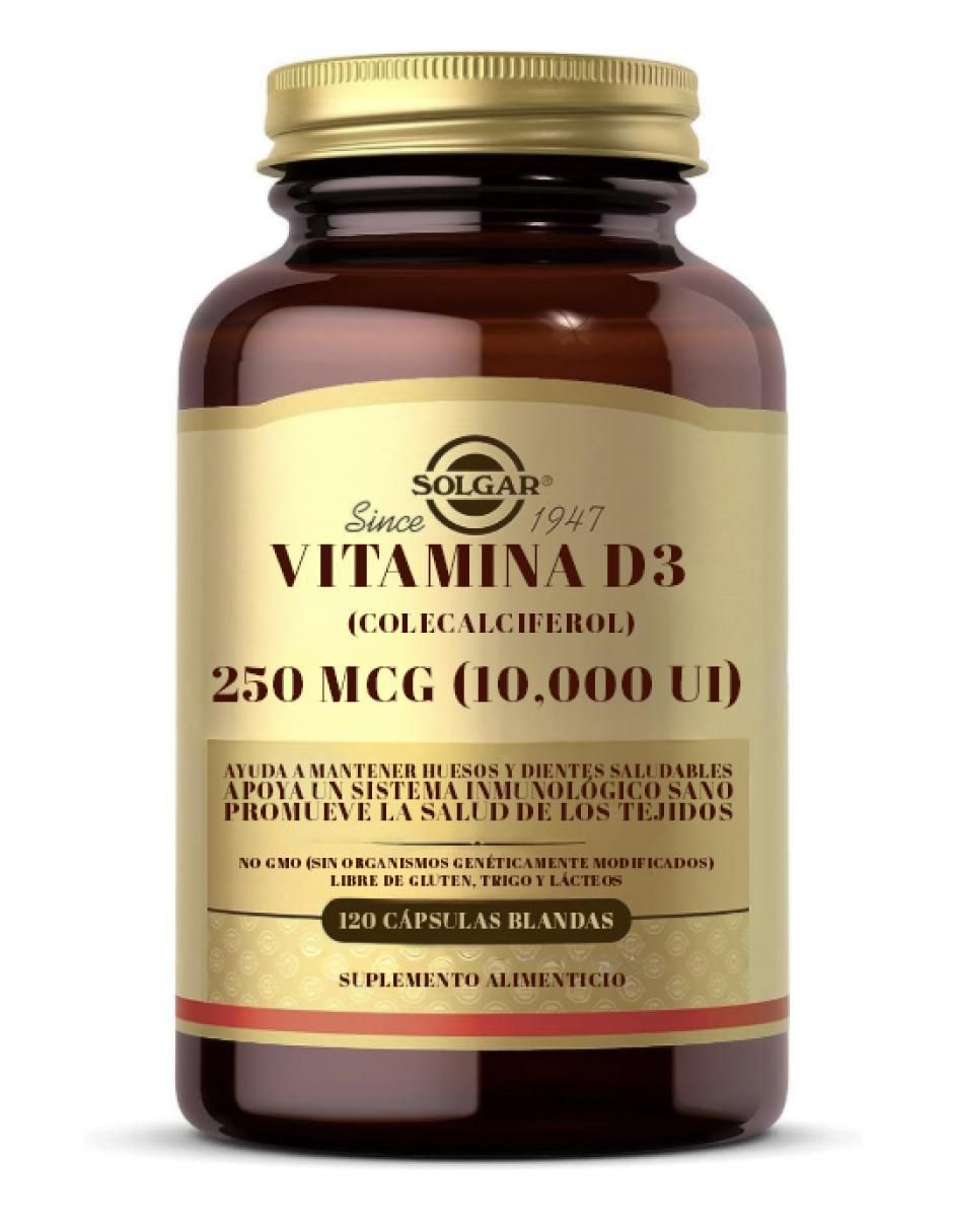 Vitamina D3 fortalece huesos y defensas Solgar cápsulas unisex