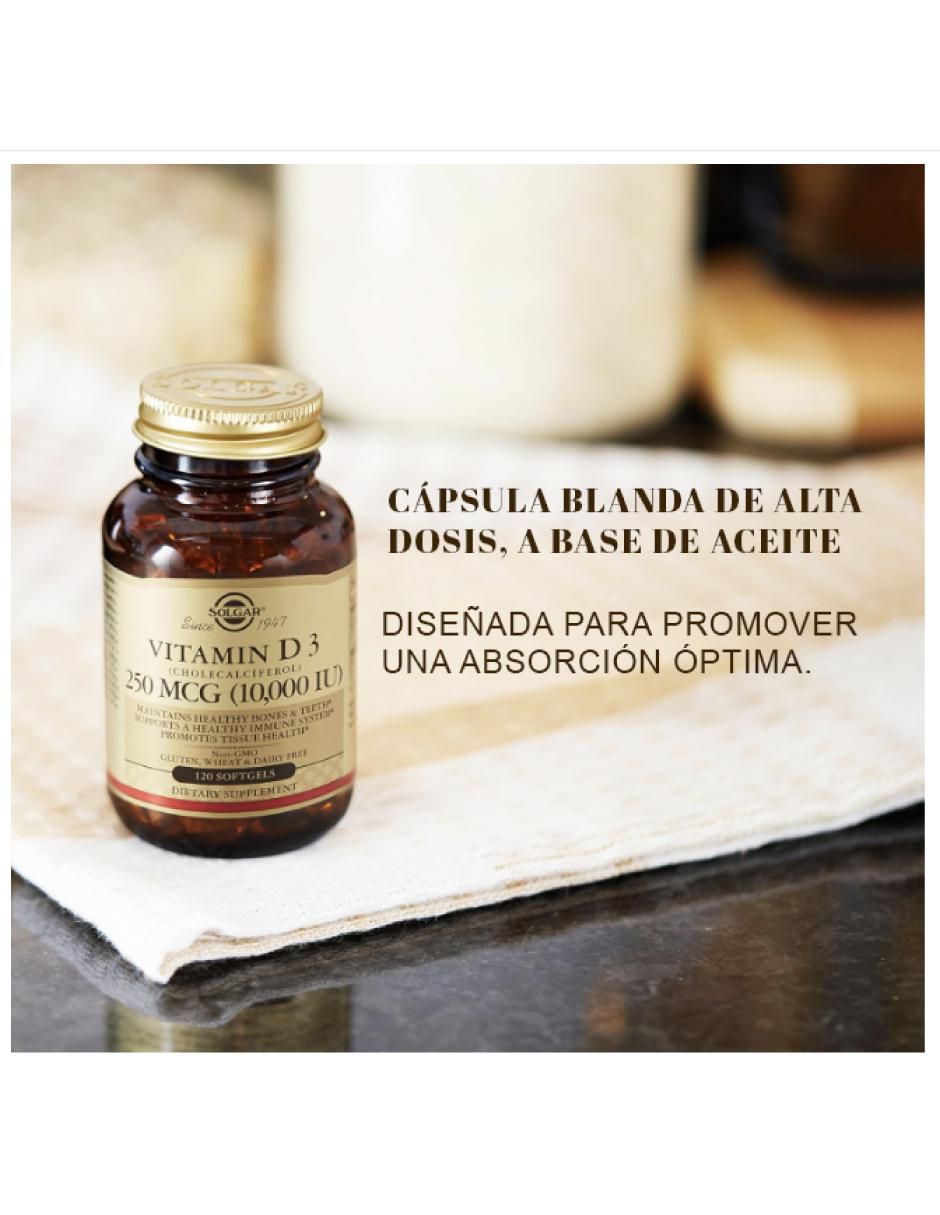 Vitamina D3 fortalece huesos y defensas Solgar cápsulas unisex