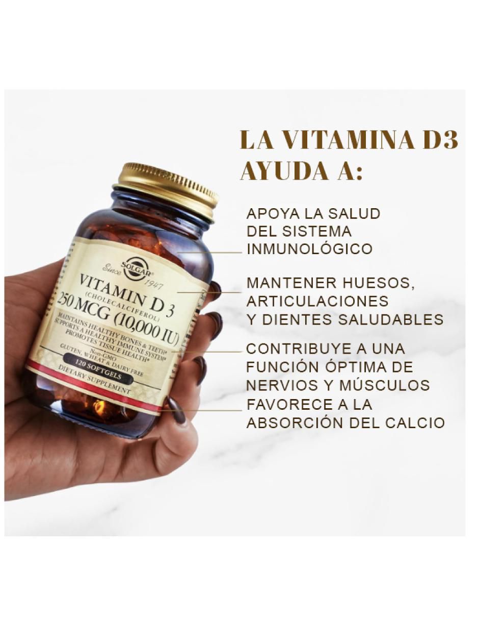 Vitamina D3 fortalece huesos y defensas Solgar cápsulas unisex
