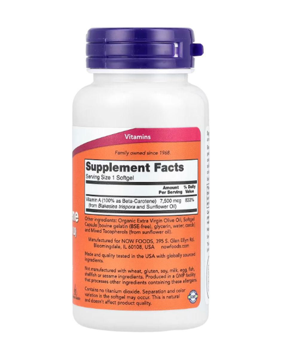 Betacaroteno natural Now con vitamina A de 90 cápsulas