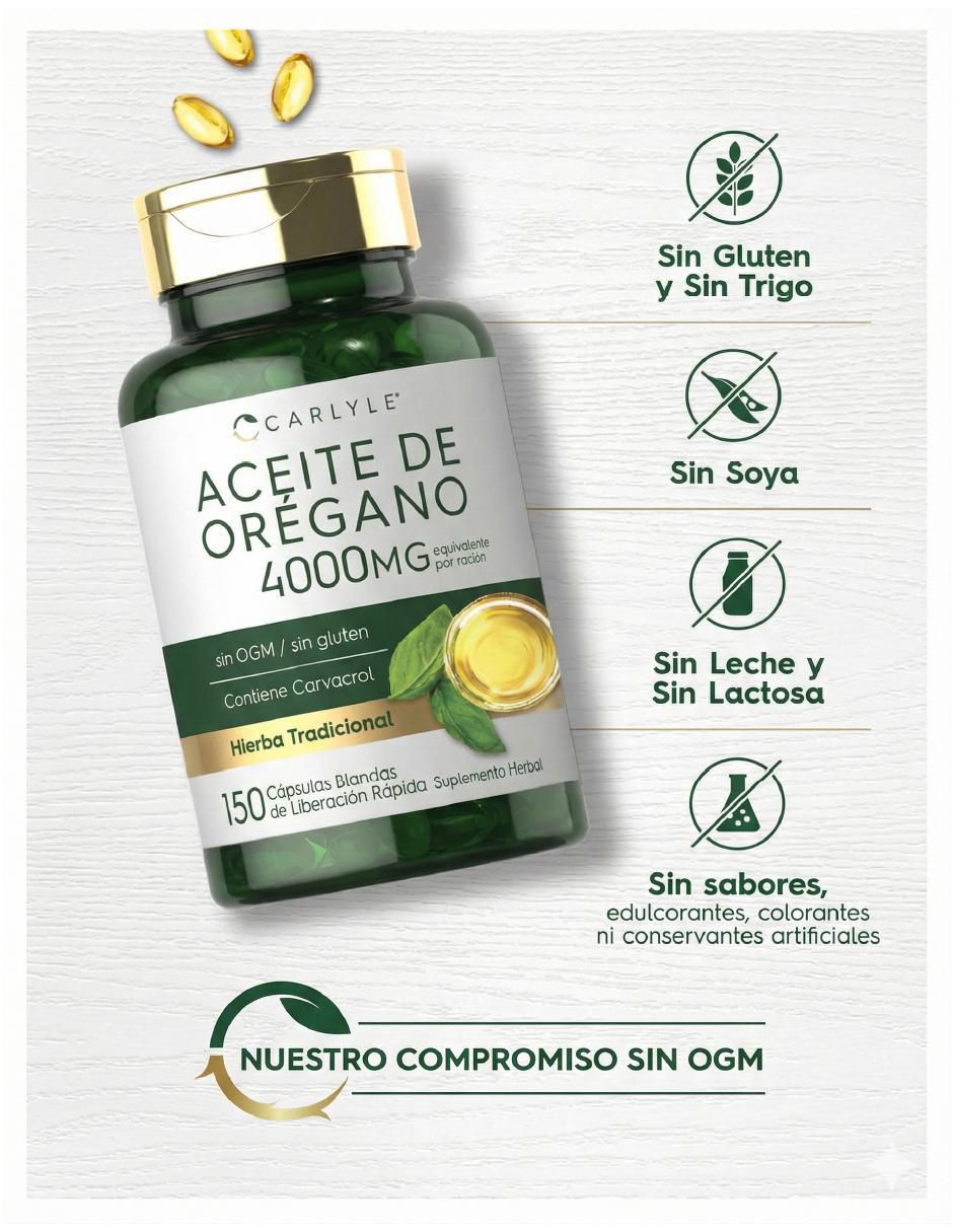 Aceite orégano Carlyle sabor herbal de 150 cápsulas