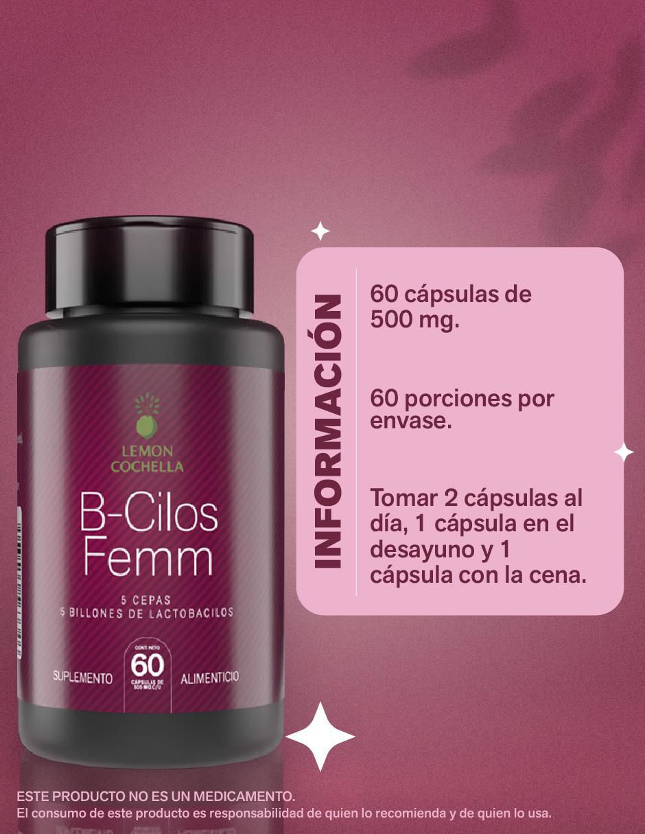 B-Cilos Femm con 5 billones de probióticos sabor natural de 60 cápsulas