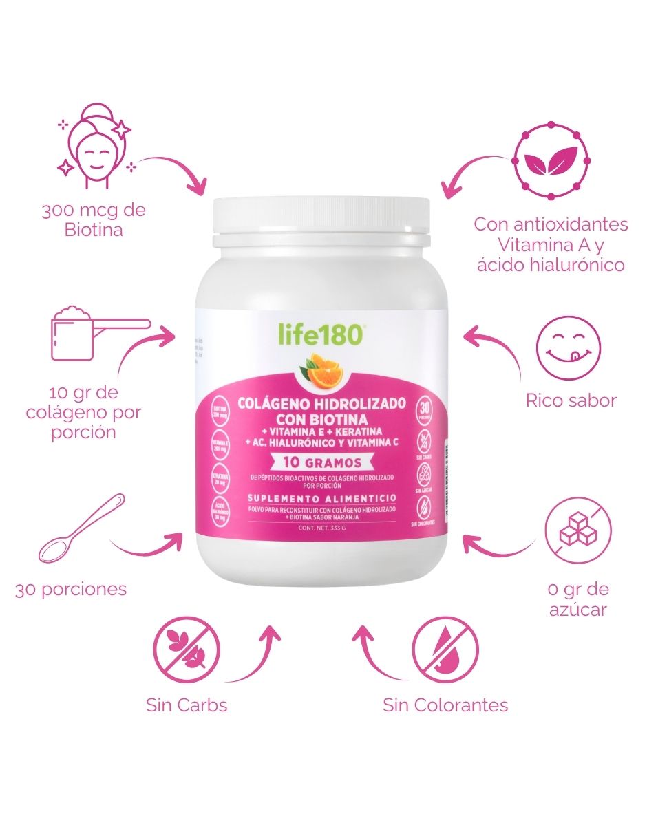 Colágeno hidrolizado con biotina + vitamina e + keratina + ácido hialurónico y vitamina c life 180 con colágeno hidrolizado ácido hialurónico biotina keratina y vitamina e sabor naranja de 330 g