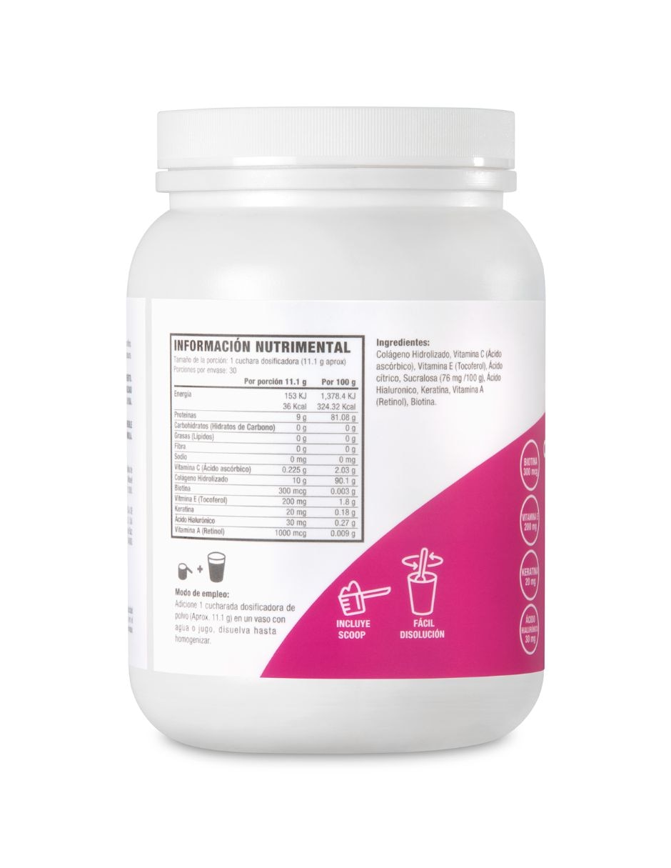 Colágeno hidrolizado con biotina + vitamina e + keratina + ácido hialurónico y vitamina c life 180 con colágeno hidrolizado ácido hialurónico biotina keratina y vitamina e sabor naranja de 330 g