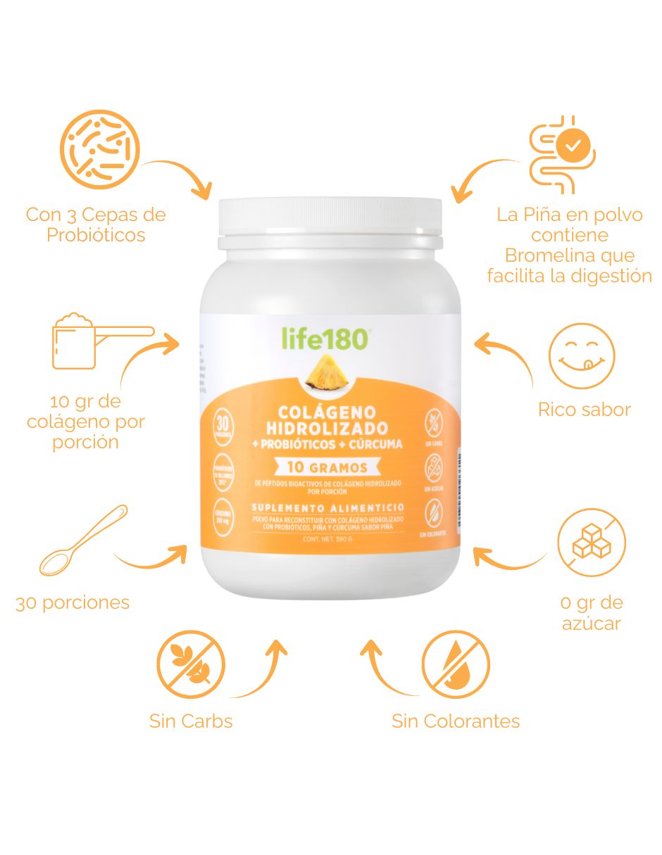 Colágeno hidrolizado con probióticos y cÏrcuma life 180 con colágeno hidrolizado sabor piña de 400 g