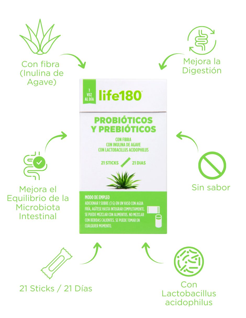 Probióticos y prebióticos life 180 con probióticos y prebióticos de 20 sobres