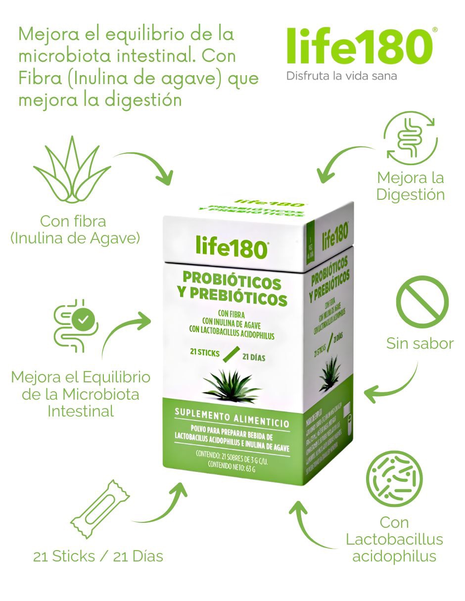 Probióticos y prebióticos life 180 con probióticos y prebióticos de 20 sobres