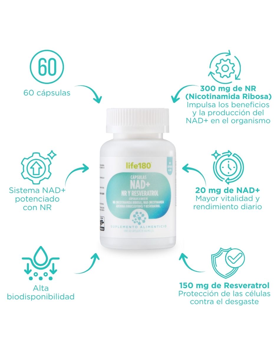 NAD+ NR y Resveratrol Life 180 de 60 cápsulas