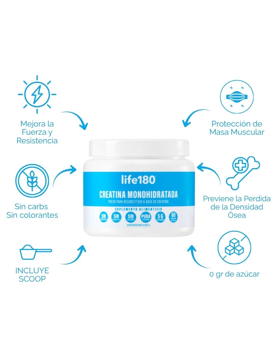 Creatina monohidratada pura life 180 con 300g 5 gramos por porción sin sabor life 180 con creatina monohidratada de 300 g