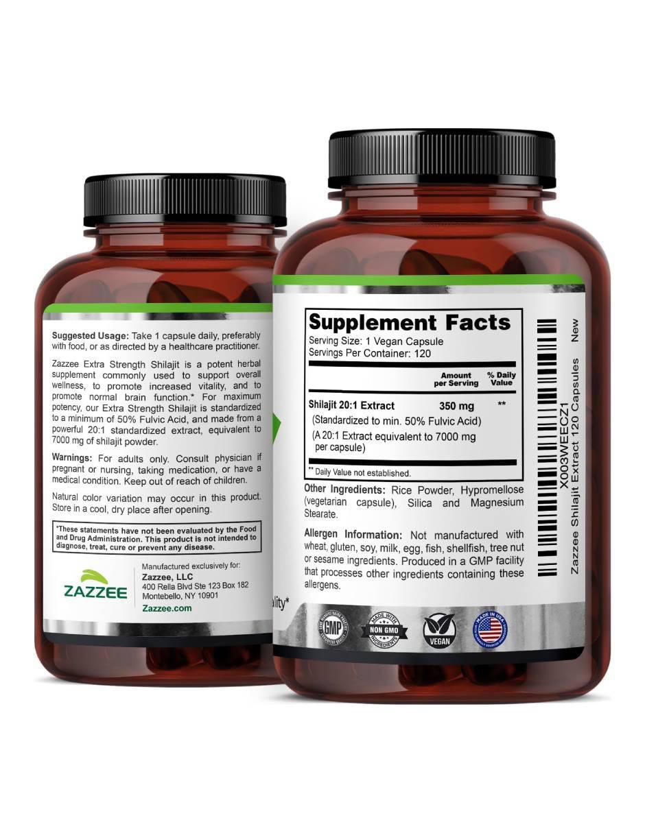 Suplemento alimenticio dietético de Shilajit Zazzee de 120 cápsulas