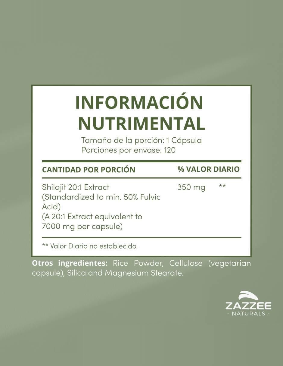 Suplemento alimenticio dietético de Shilajit Zazzee de 120 cápsulas