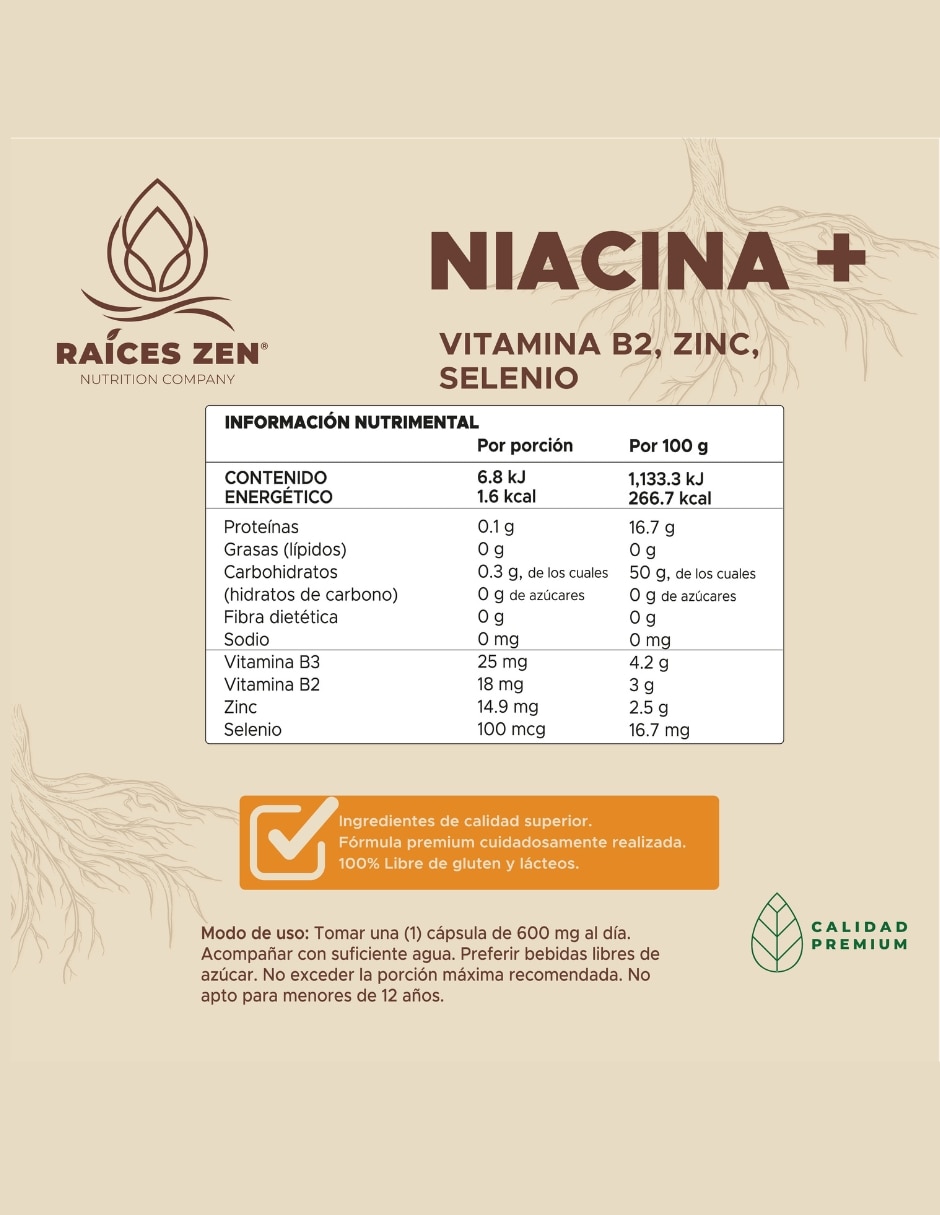 Niacinamida Selenio y Zinc RAÍCES ZEN con Niacinamida de 60 capsulas 2