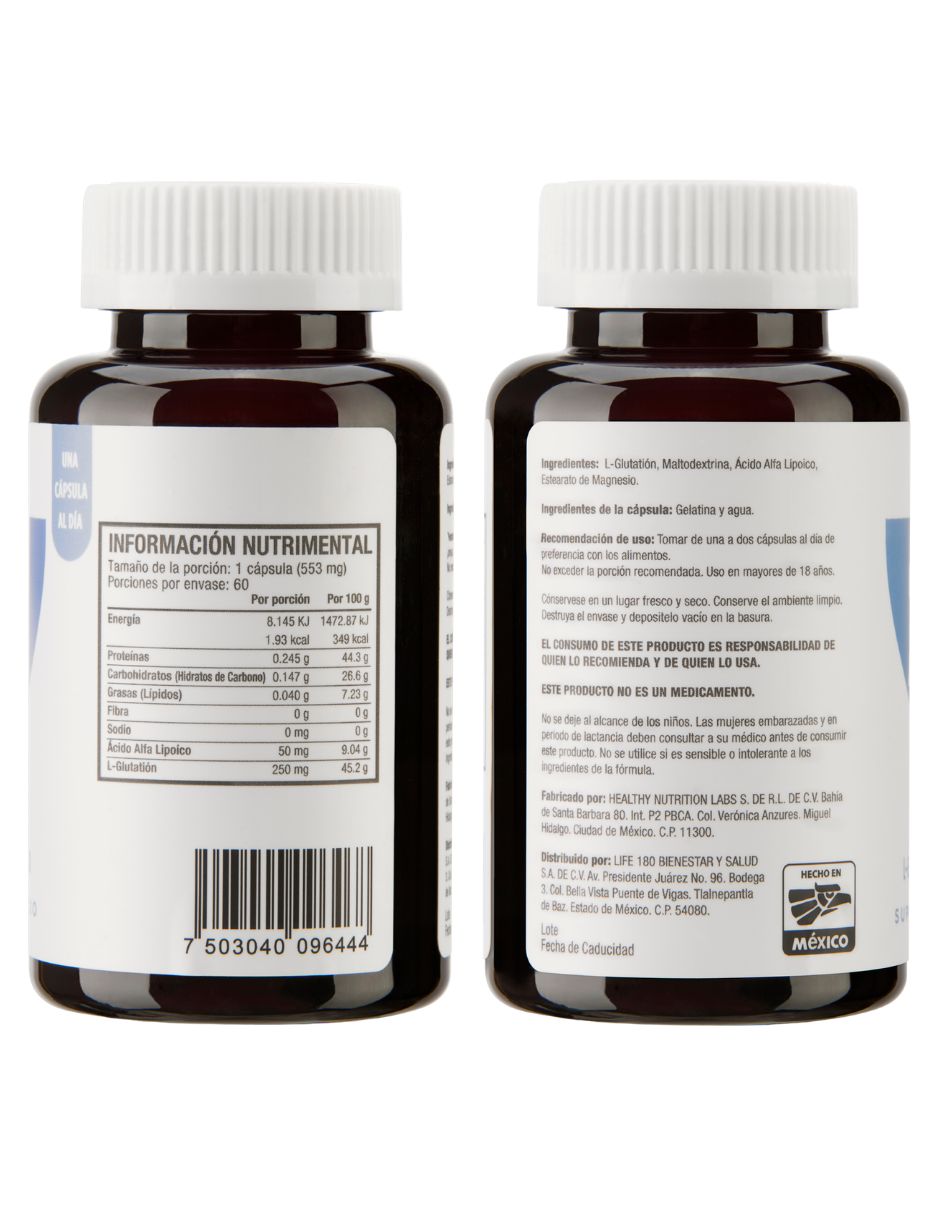 Glutation 250mg con 60 cápsulas rinde 60 porciones que refuerzan el sistema inmunológico life 180 con glutatión