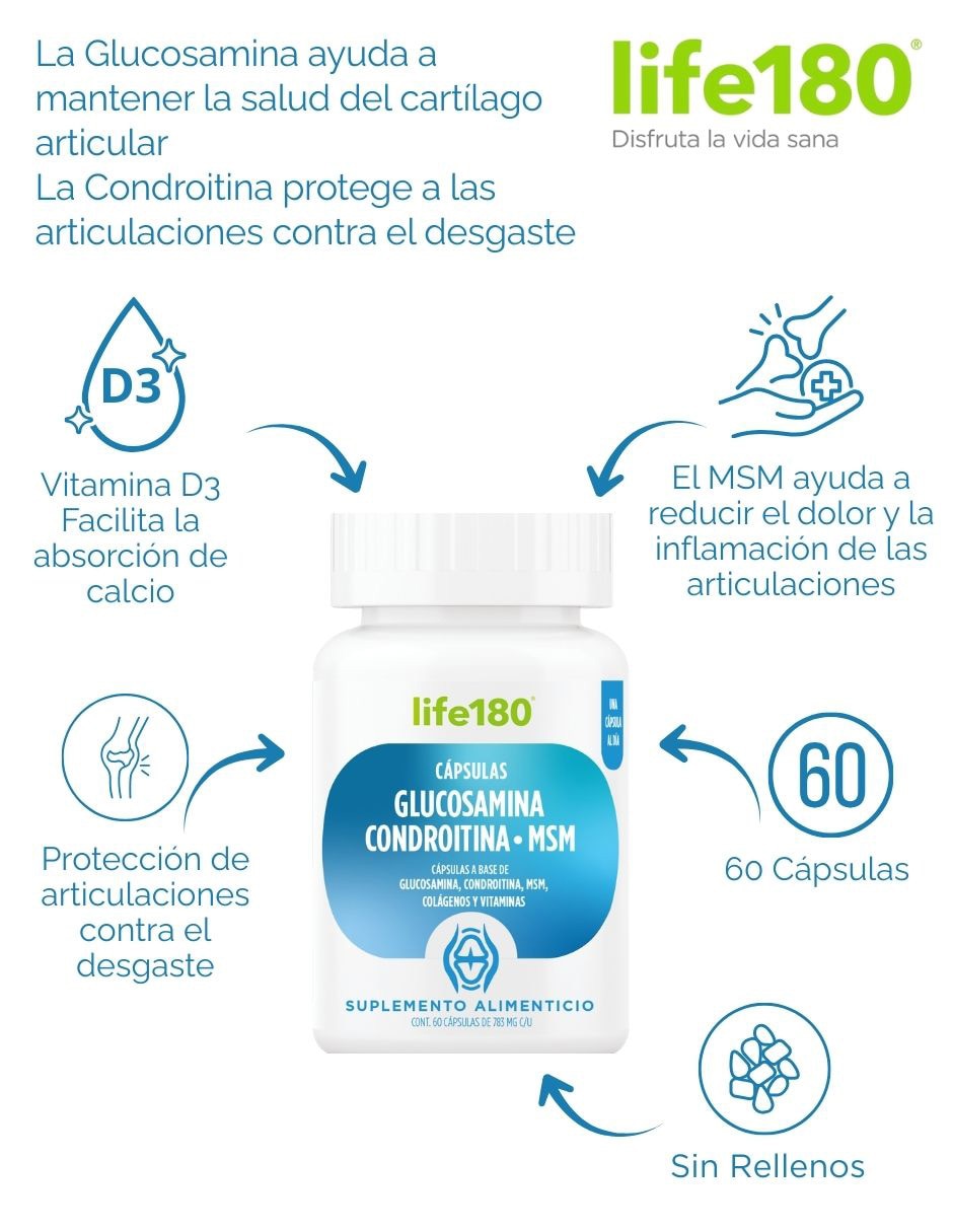 Glucosamina condroitina msm y vitaminas 60 cápsulas 60 porciones life 180 con glucosamina condroitina y msm