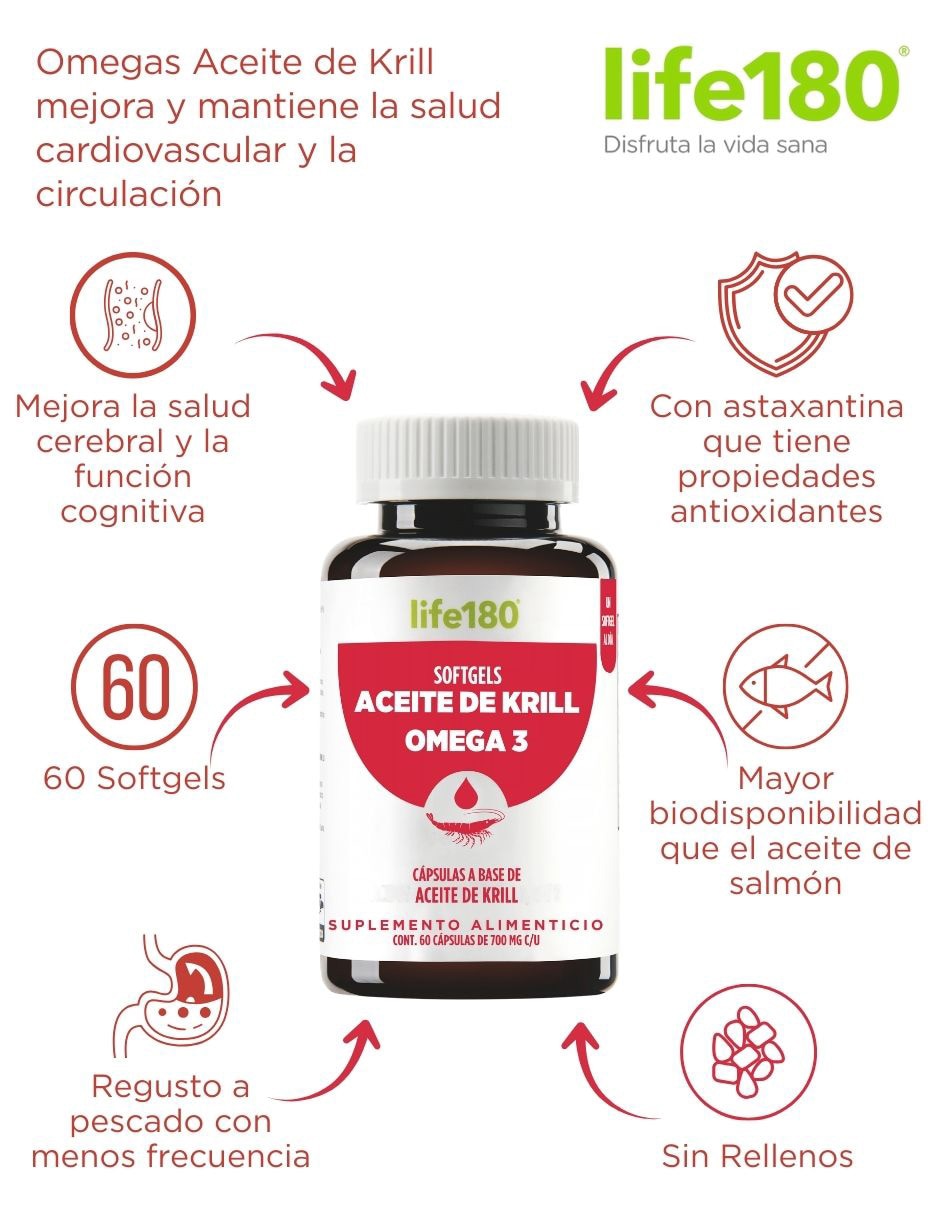 Suplementos alimenticios omega 3 aceite de krill con dha epa y astanxantina 60 softgels 60 porciones life 180 con aceite de krill