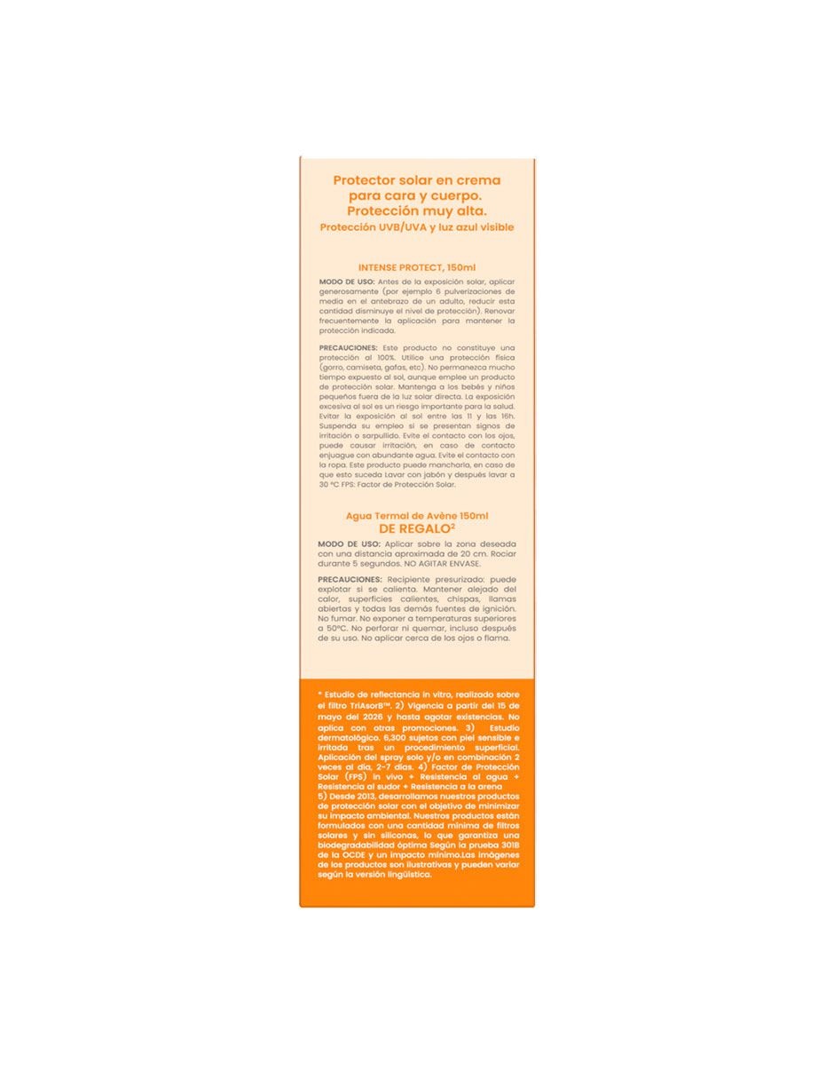 Tratamiento para cuerpo kit avene verano 2026 intense protect protector solar corporal fps 50 150ml + agua termal 150ml dermatológico avne 3