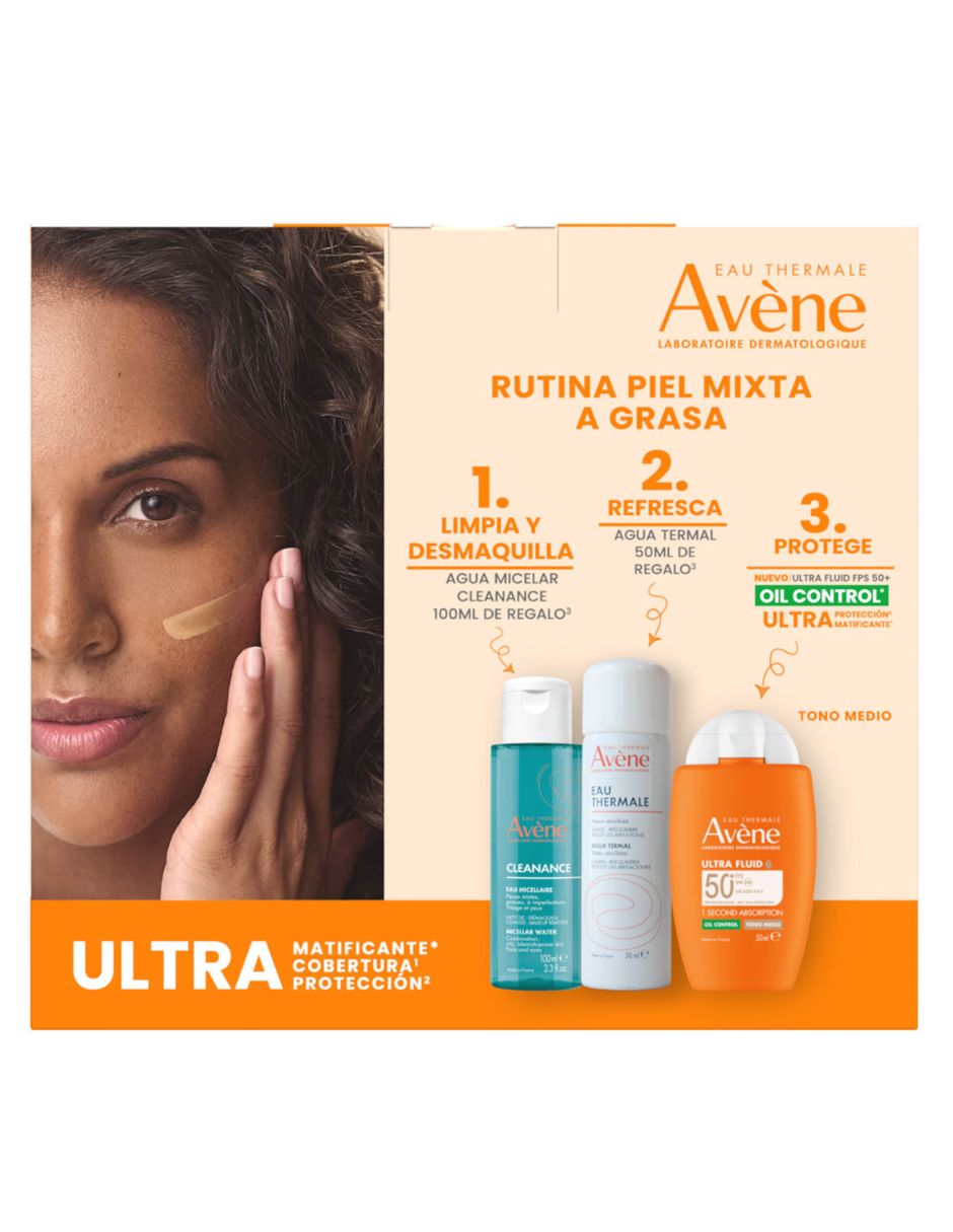 Tratamiento para facial kit avene ultra fluid oil control tono medio fps 50+ 50 ml con 2 regalos agua micelar cleanance 100 dermatológico avne