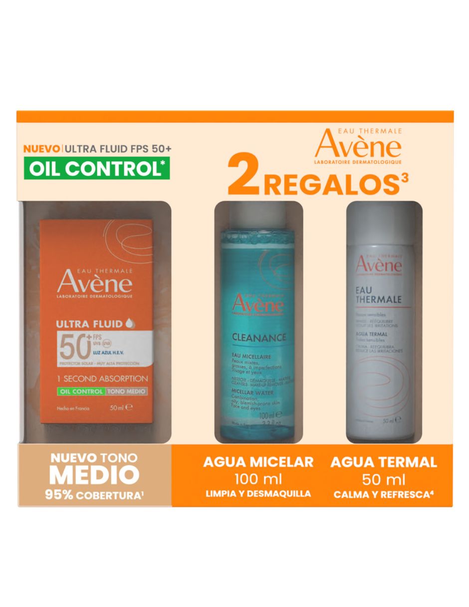 Tratamiento para facial kit avene ultra fluid oil control tono medio fps 50+ 50 ml con 2 regalos agua micelar cleanance 100 dermatológico avne