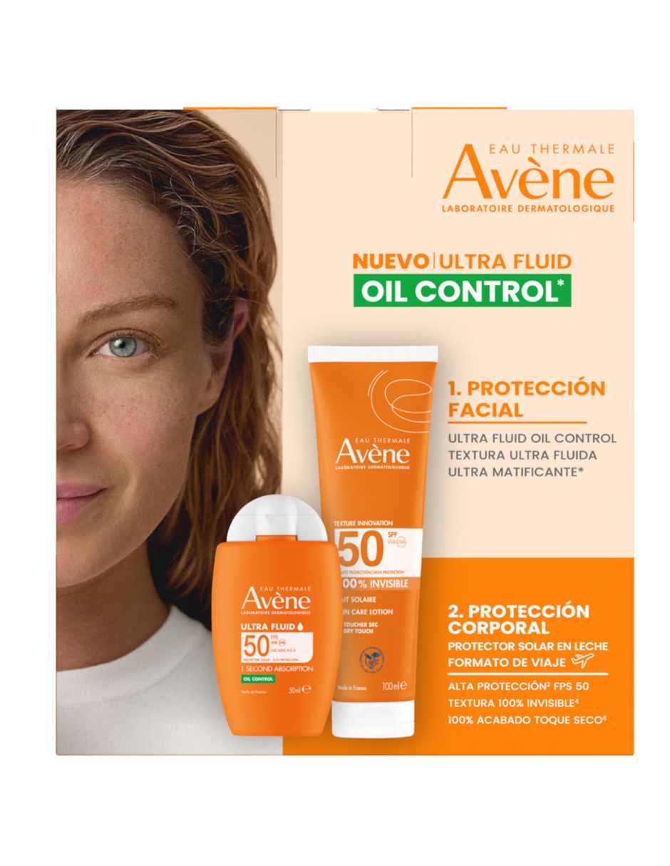 Tratamiento para facial kit avene ultra fluid oil control invsible fps 50 50ml + solar corporal leche fps 50 100ml dermatológico avne