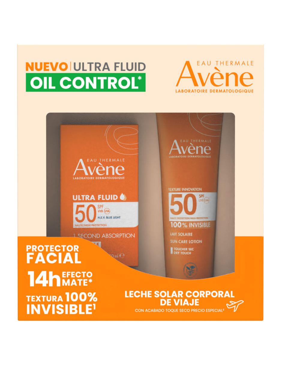 Tratamiento para facial kit avene ultra fluid oil control invsible fps 50 50ml + solar corporal leche fps 50 100ml dermatológico avne