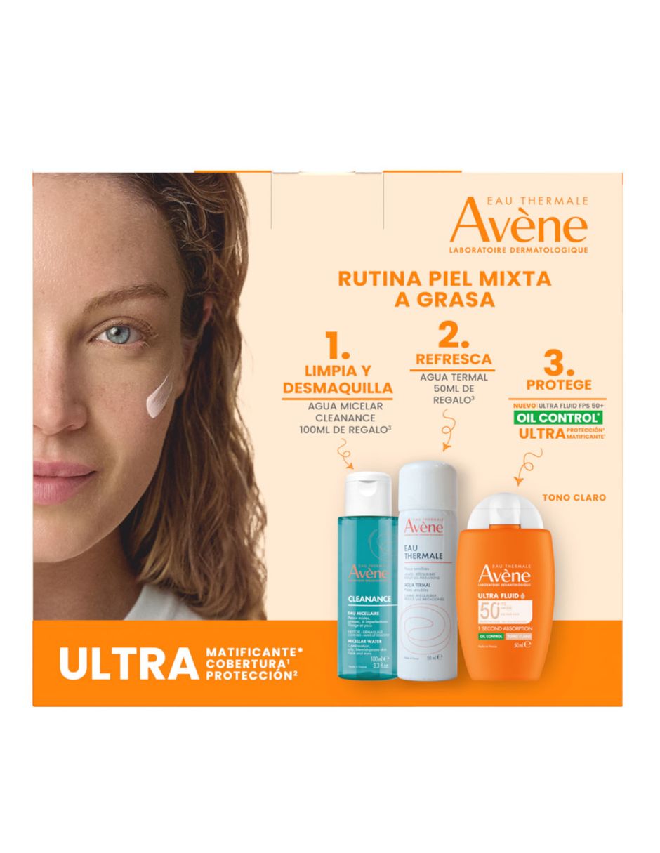 Tratamiento para facial kit avene ultra fluid oil control tono claro fps 50+ 50ml protector solar 2 regalos agua micelar cl dermatológico avne
