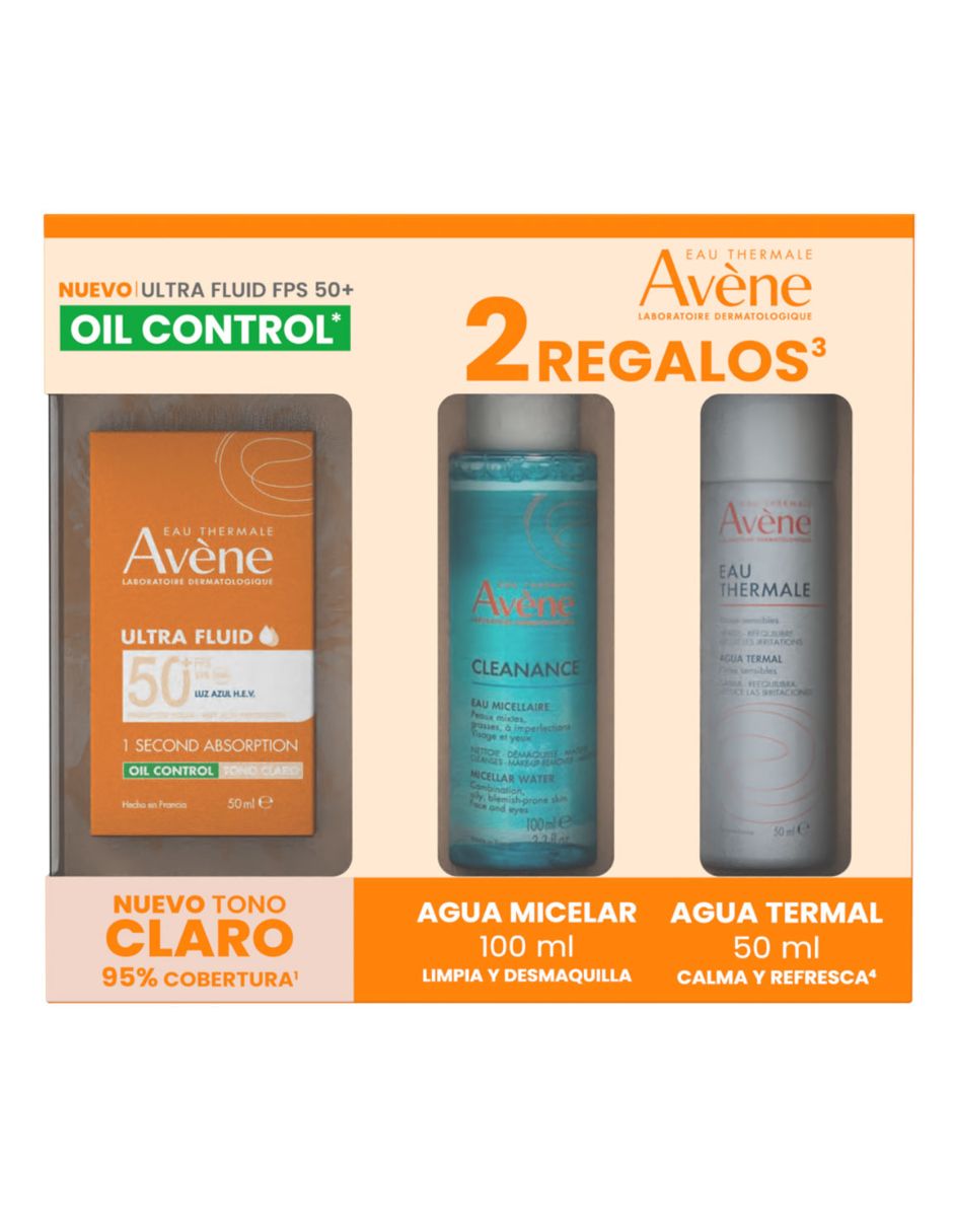 Tratamiento para facial kit avene ultra fluid oil control tono claro fps 50+ 50ml protector solar 2 regalos agua micelar cl dermatológico avne