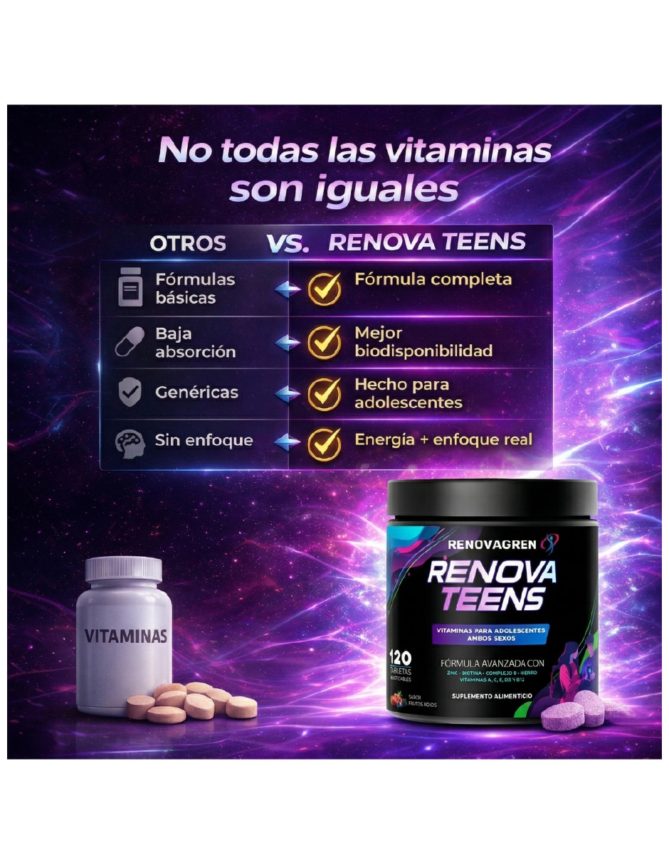 Vitaminas Adolescentes 12-18 años Enfoque Energía 120 tabletas masticables Frutos Rojos con Multivitamínico y Antioxidante sabor Frutos rojos de 120 tabletas 3