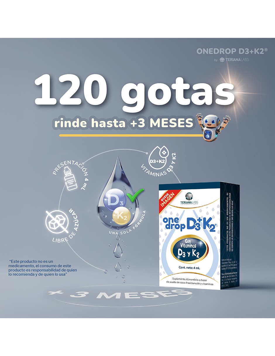 Vitamina D3 + K2 frasco de 4 ml 120 gotas para niños y adultos Onedrop