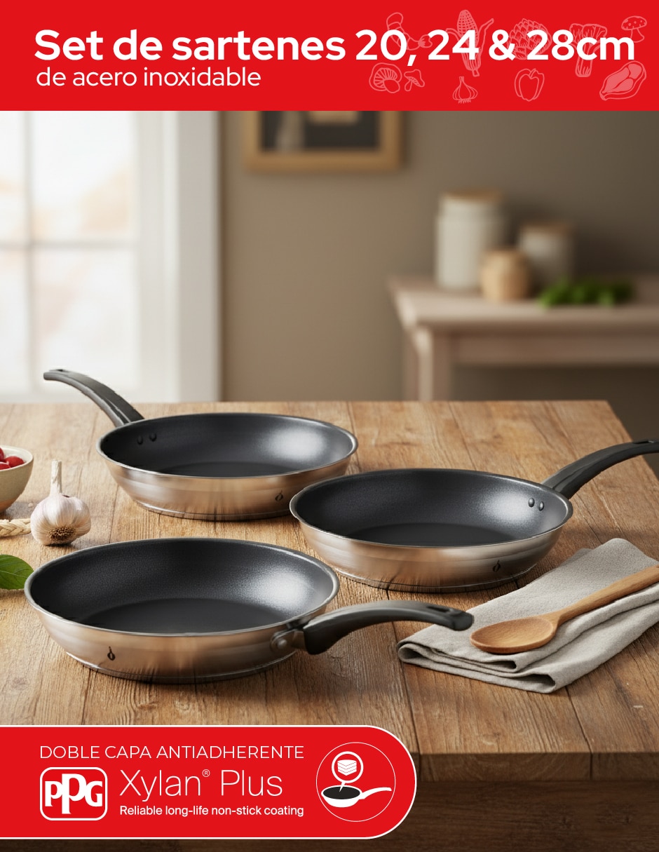 Set de sartenes de acero inoxidable 3 piezas