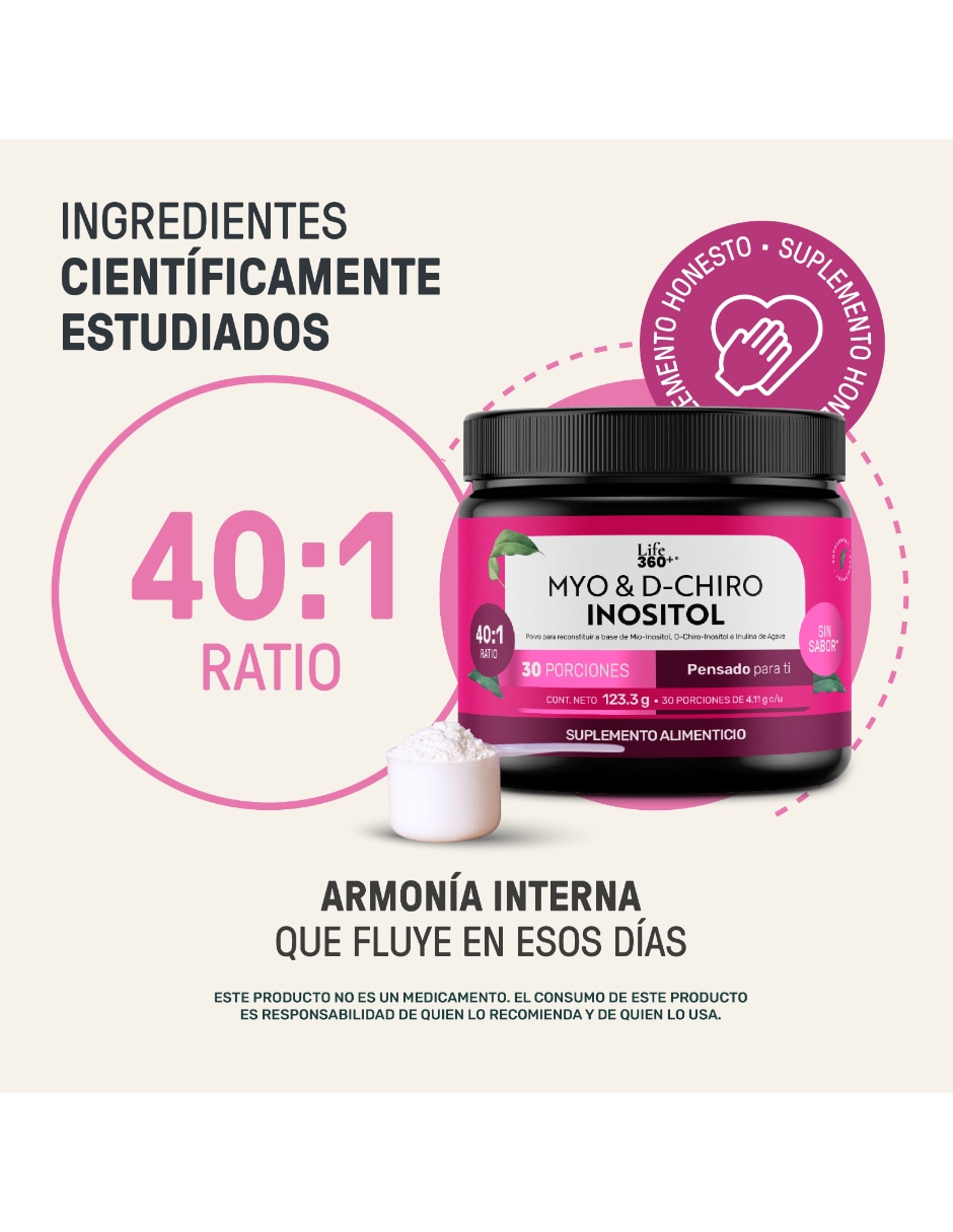 Myo & D-Chiro Inositol en Polvo 30 Porciones Ratio 40:1 LIFE 360+ con D-Chiro Inositol sabor Sin sabor de 4