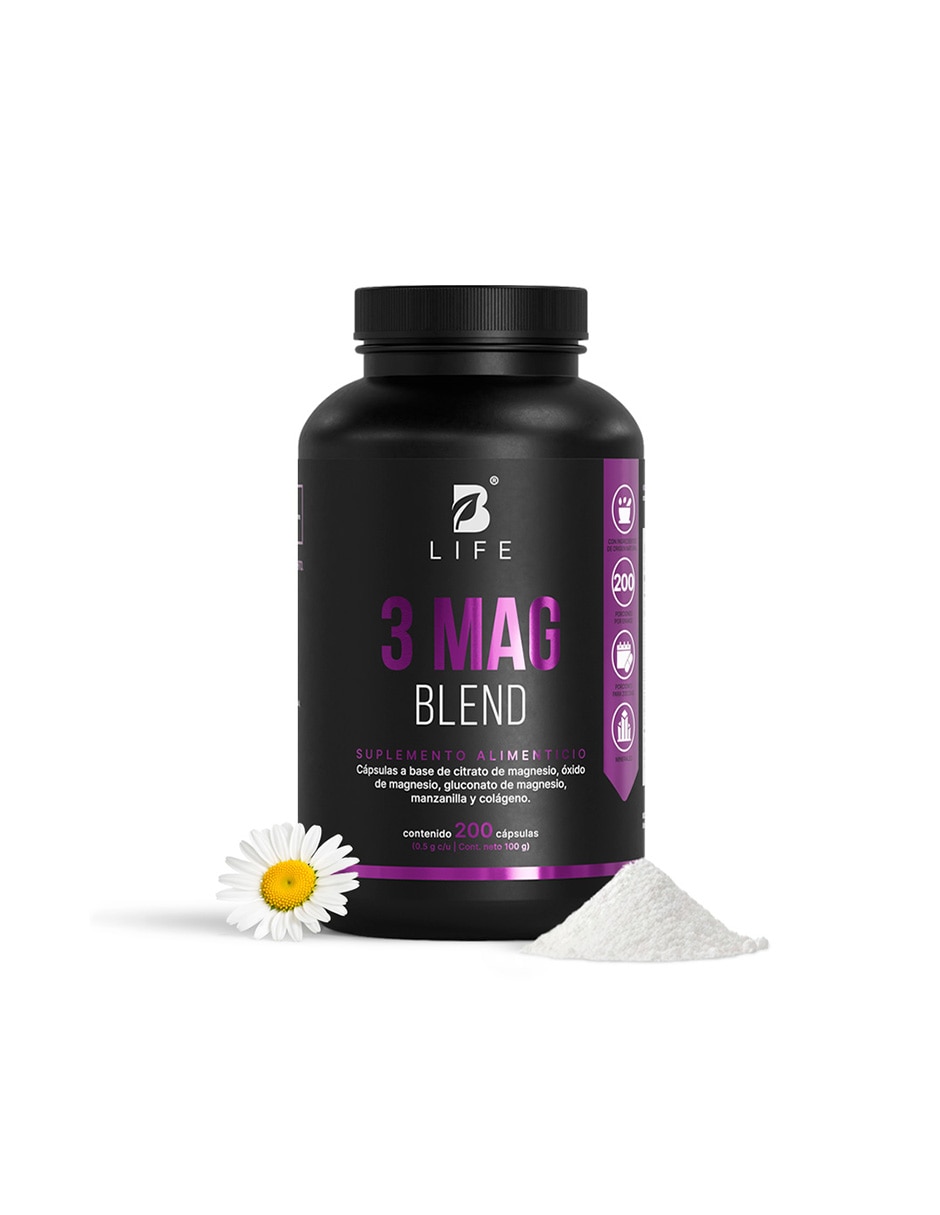 3 Mag Life con Mezcla de 3 Magnesios Citrato Óxido y Gluconato con citrato de magnesio óxido de magnesio gluconato de magnesio manzanilla colágeno hidrolizado de 200 cápsulas