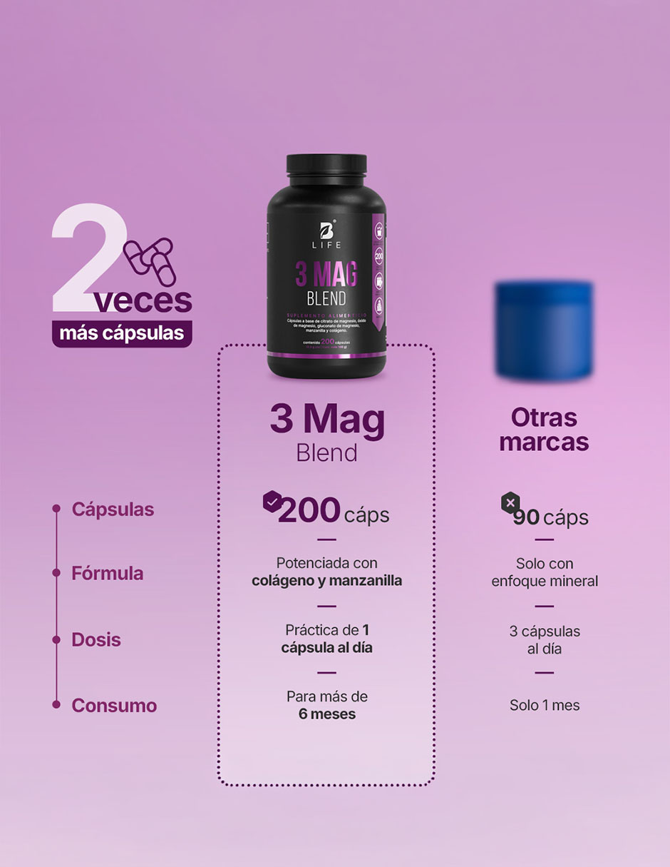 3 Mag Life con Mezcla de 3 Magnesios Citrato Óxido y Gluconato con citrato de magnesio óxido de magnesio gluconato de magnesio manzanilla colágeno hidrolizado de 200 cápsulas 5