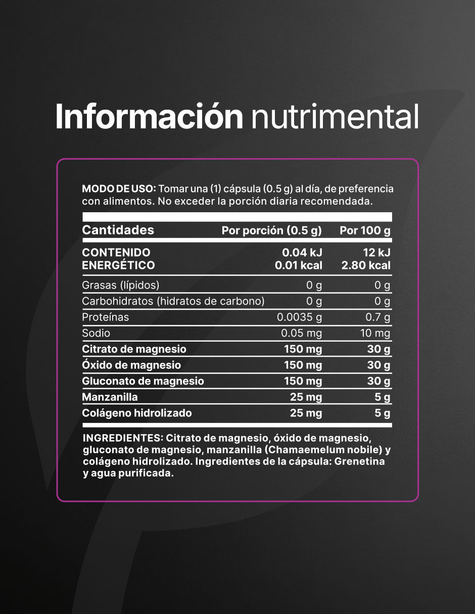 3 Mag Life con Mezcla de 3 Magnesios Citrato Óxido y Gluconato con citrato de magnesio óxido de magnesio gluconato de magnesio manzanilla colágeno hidrolizado de 200 cápsulas