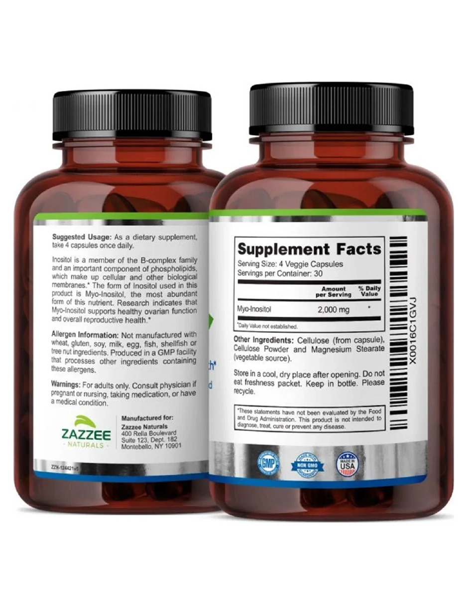 Myo-Inositol 2000 mg Bienestar Femenino 120 Cápsulas ZAZZEE con MYO Inositol sabor Sin sabor de 5