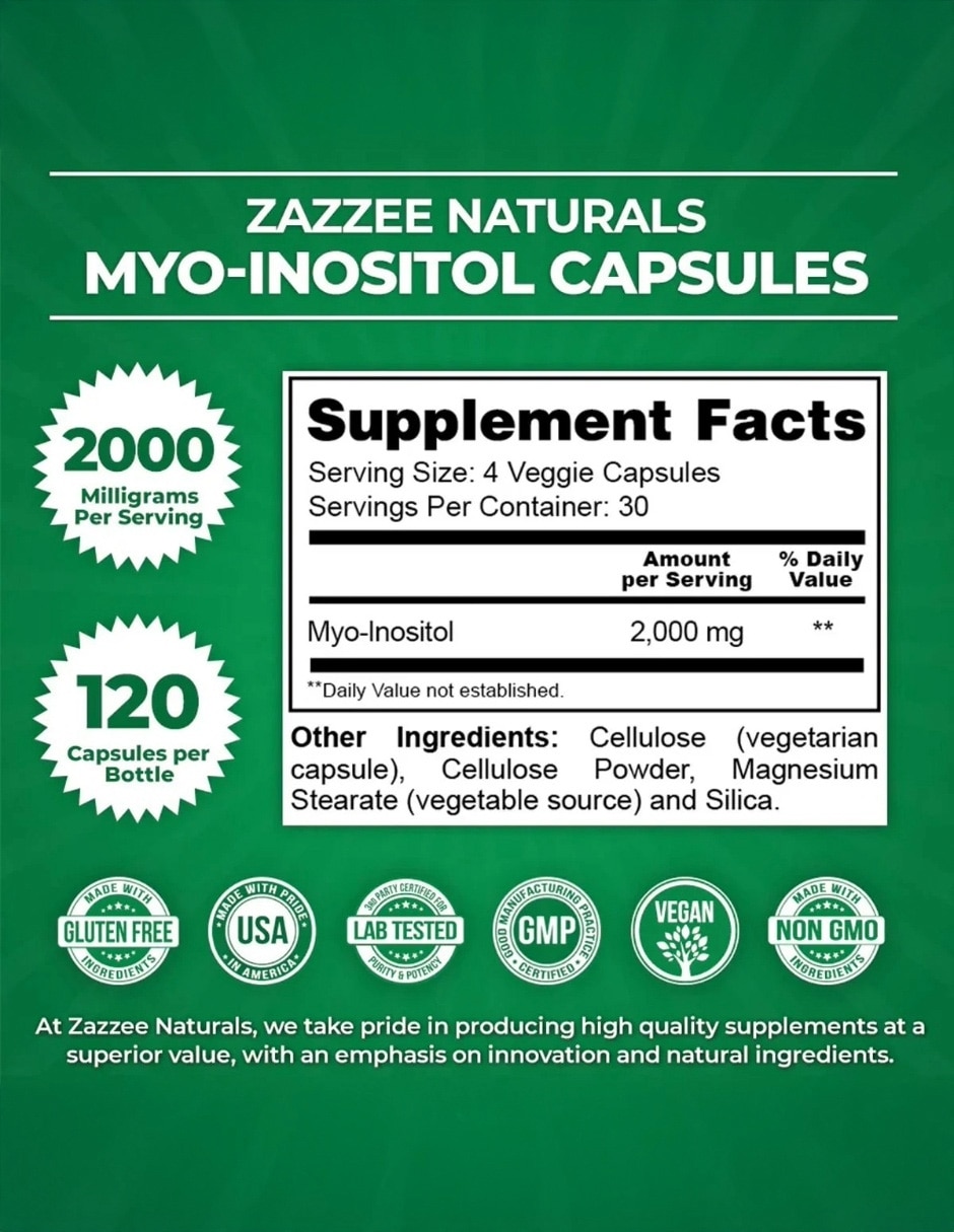 Myo-Inositol 2000 mg Bienestar Femenino 120 Cápsulas ZAZZEE con MYO Inositol sabor Sin sabor de 4