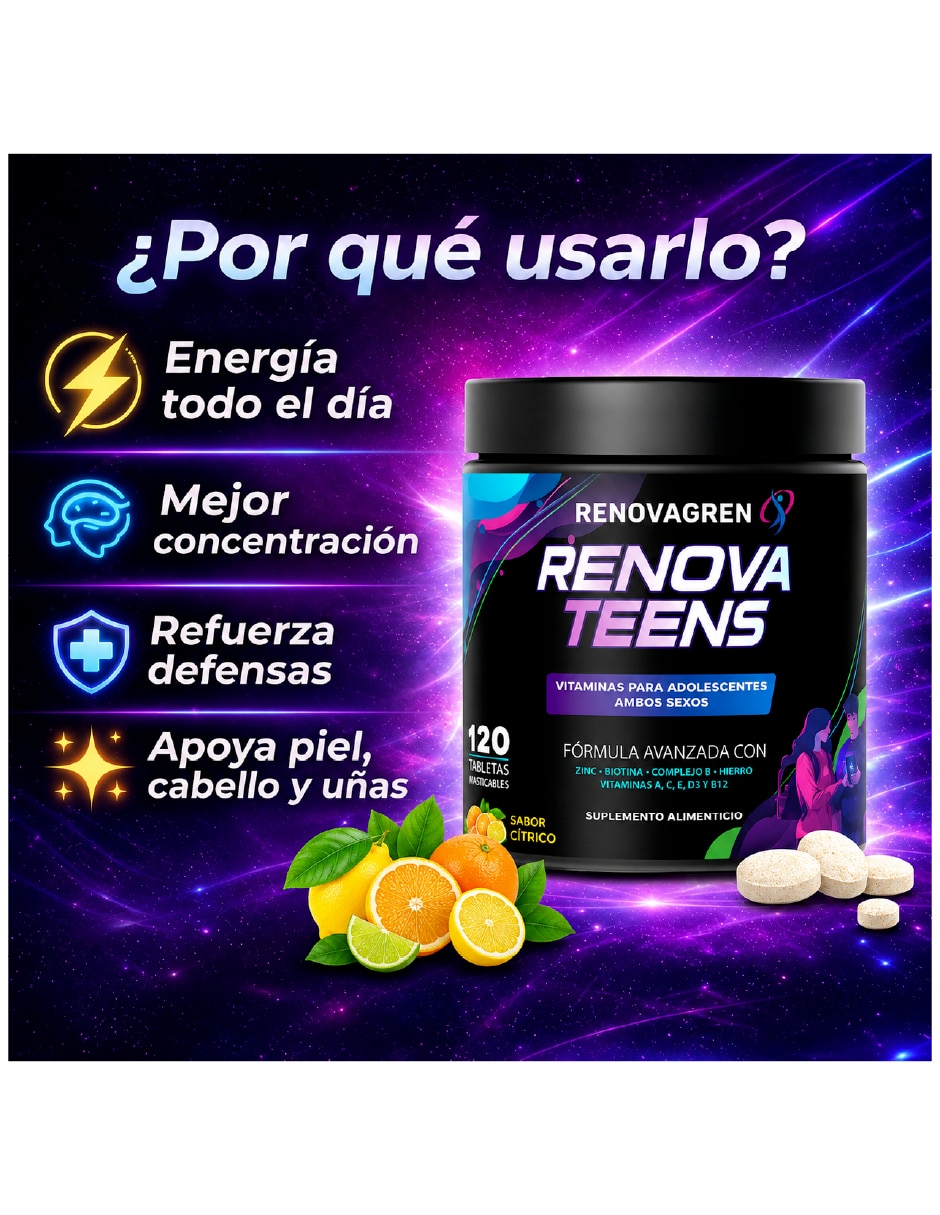Vitaminas Adolescente Enfoque Energía con multivitamínico y antioxidante sabor cítrico de 120 tabletas 3