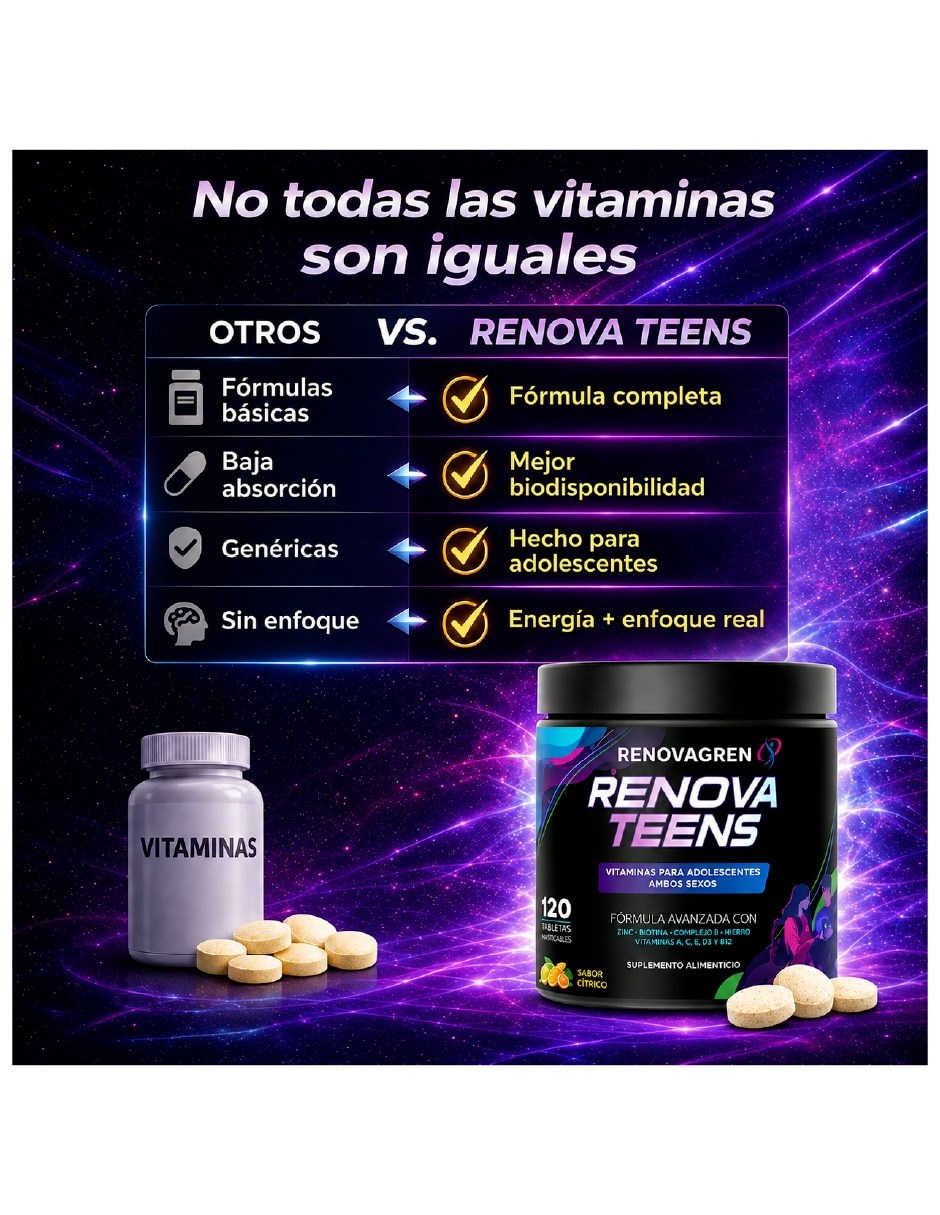 Vitaminas Adolescente Enfoque Energía con multivitamínico y antioxidante sabor cítrico de 120 tabletas 4